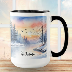Aquarell-Winter-Seelandschaft Sonnenaufgang Person Tasse