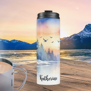 Aquarell-Winter-Seevögel-Sonnenaufgang Personalisi Thermosbecher