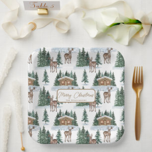 Aquarell-Winter-Wunderland-Rustikal-Bauernhaus-Wei Pappteller
