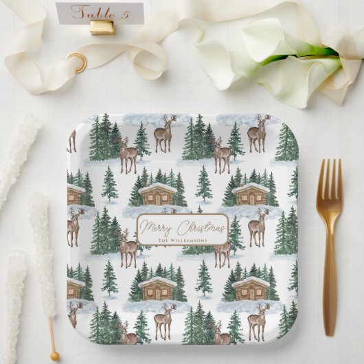 Aquarell-Winter-Wunderland-Rustikal-Bauernhaus-Wei Pappteller (Hochzeit)