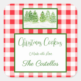 Aquarell-Winterbäume Rotkariert COOKIES Quadratischer Aufkleber