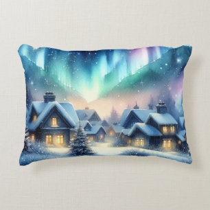 Aquarell-Winterdorf Schneebedecktes Weihnachten Dekokissen