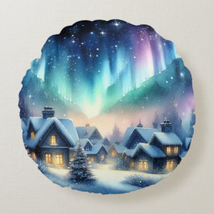 Aquarell-Winterdorf Schneebedecktes Weihnachten Rundes Kissen