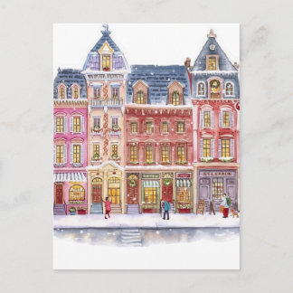Aquarell-Winterdorf-Weihnachtsstadt Feiertagspostkarte