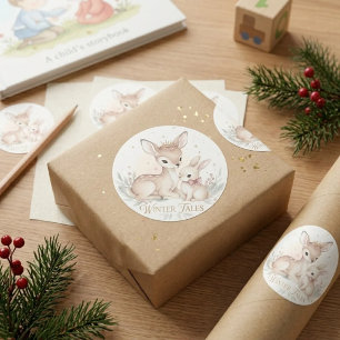 Aquarell-Wintergeschichten-Hirsch-Hase-Klassik-Run Runder Aufkleber