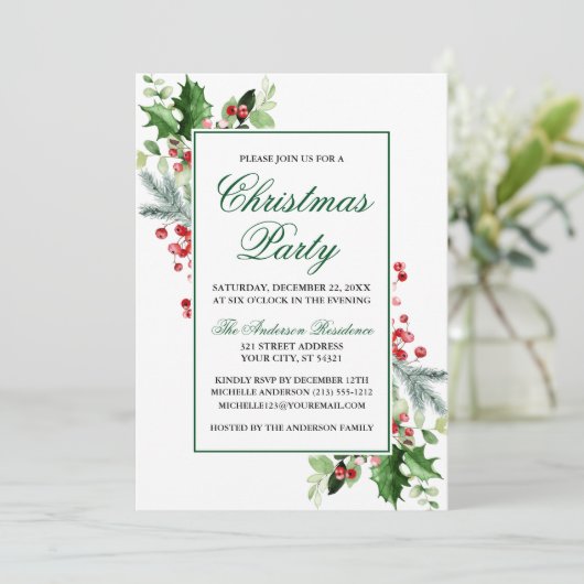 Aquarell Wintergrün Heiliges Weihnachtsfest Party Einladung (Stehend Vorderseite)