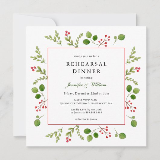 Aquarell Wintergrün Rahmen Probe Abendessen Einladung (Vorderseite)