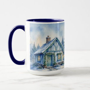 Aquarell-Winterhäuschen Blau Grün Weihnachten Tasse