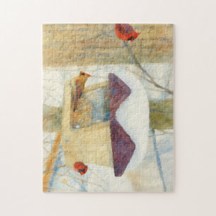 Aquarell-Winterkardinale an einem Futterplatz Puzzle