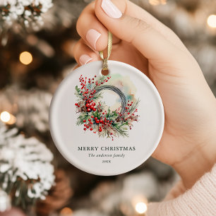 Aquarell-Winterkranz mit roten Beeren Weihnachten Keramik Ornament