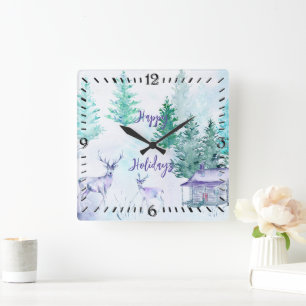 Aquarell-Winterlandschaft Frohe Feiertage Quadratische Wanduhr