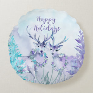 Aquarell-Winterlandschaft Frohe Feiertage Rundes Kissen