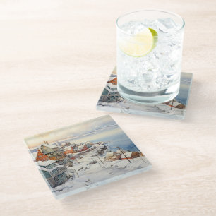 AQUARELL WINTERLICHE KÜSTENDORFSZENE GLASUNTERSETZER