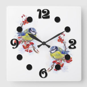 Aquarell-Wintermeise-Vogel-Illustration Zweig Quadratische Wanduhr