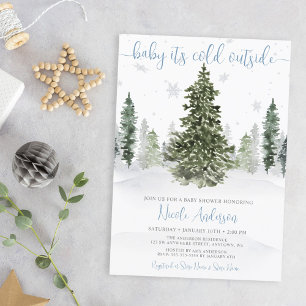 Aquarell-Winterwald-Blau Babyparty Einladung