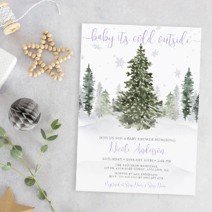 Aquarell-Winterwald-Lila-Baby-Party Einladung