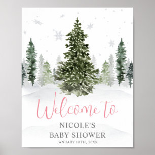 Aquarell Winterwald Pink Babydusche Willkommen Poster