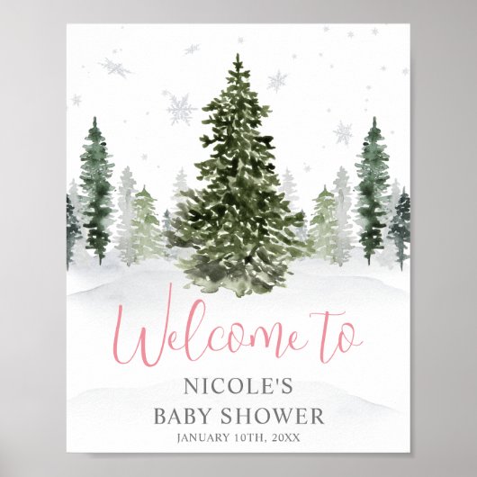 Aquarell Winterwald Pink Babydusche Willkommen Poster (Vorne)