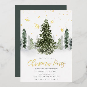 Aquarell-Winterwald-Weihnachtsfeier Gold Folieneinladung