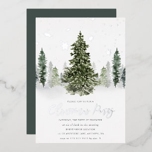 Aquarell-Winterwald-Weihnachtsfeier-Silber Folieneinladung