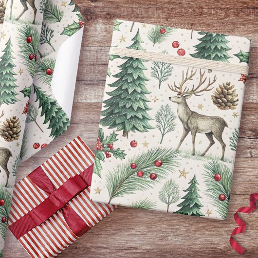 Aquarell-Winterwaldhirsch-Weihnachten Geschenkpapier