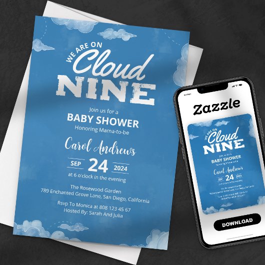 Aquarell Wir sind auf Cloud Nine Blue Baby Dusche Einladung