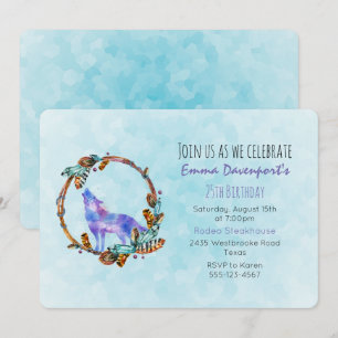 Aquarell-Wolf mit einem Boho-Stil-Kranz-Geburtstag Einladung