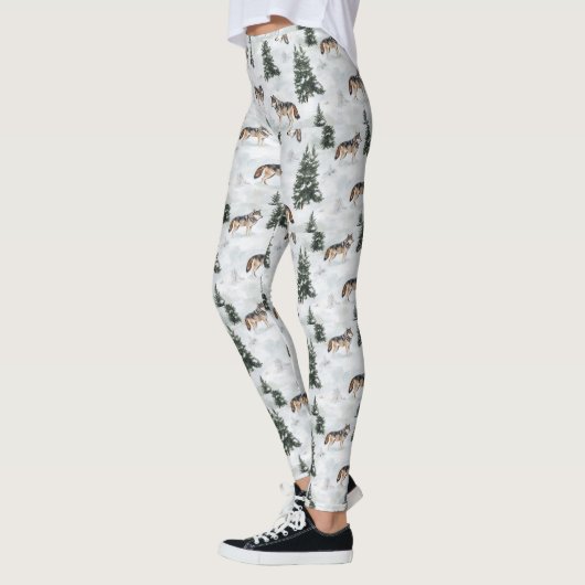 Aquarell-Wölfe Schnee Bedeckte Kiefern Leggings (Links)