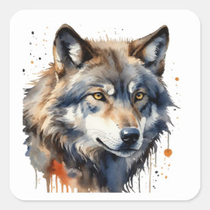 Aquarell-Wolfkopf-Wildtier-Natur-Kunst Quadratischer Aufkleber