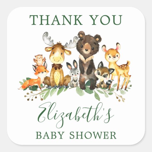 Aquarell Woodland Animals Baby Dusche Gefallen Quadratischer Aufkleber (Vorderseite)