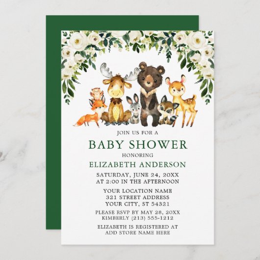 Aquarell Woodland Animals Blumenkinderdusche Einladung (Vorne/Hinten)