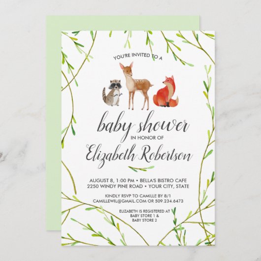 Aquarell Woodland Animals Kinderdusche Einladung (Vorne/Hinten)