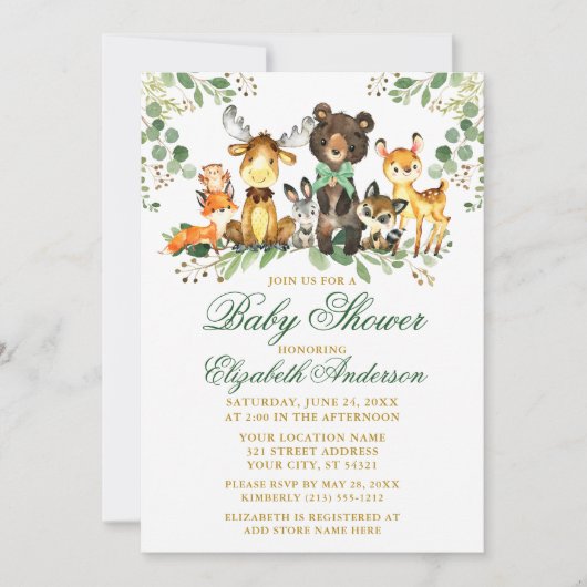 Aquarell Woodland Tiere Bow Baby Dusche Gold Einladung (Vorderseite)