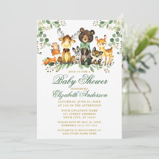 Aquarell Woodland Tiere Bow Baby Dusche Gold Einladung (Stehend Vorderseite)
