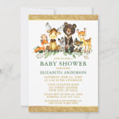 Aquarell Woodland Tiere Dusche Glitzer Grün Einladung (Vorderseite)