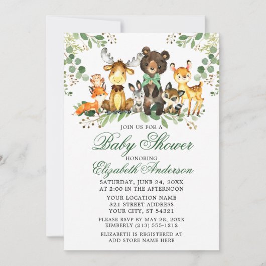 Aquarell Woodland Tiere Grüne Bow Baby Dusche Einladung (Vorderseite)