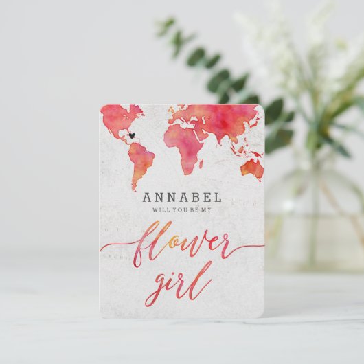 Aquarell World Map wird mein Blumenmädchen sein Einladung (Stehend Vorderseite)