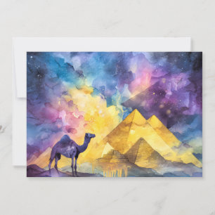 Aquarell-Wüsten-Galaxie-Kamel-Pyramide-Reise Feiertagskarte