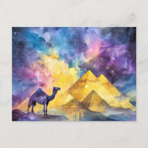 Aquarell-Wüsten-Galaxie-Kamel-Pyramide-Reise Feiertagspostkarte