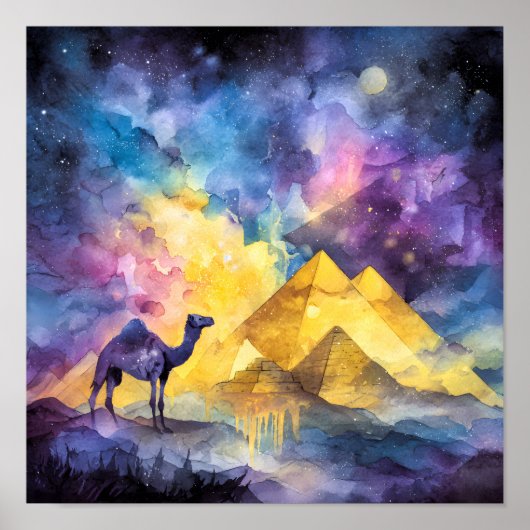 Aquarell-Wüsten-Galaxie-Kamel-Pyramide-Reise Poster (Vorne)