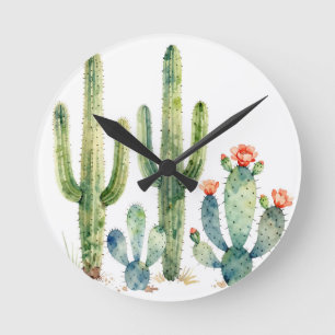 Aquarell-Wüstenkaktusgarten Runde Wanduhr