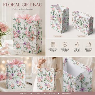 Aquarell Zarte Rosa Rose & Pfingstrose Floral Mittlere Geschenktüte