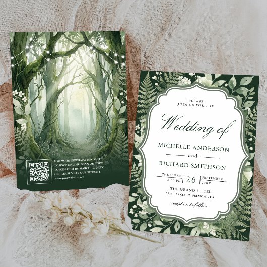 Aquarell-Zauberwald-QR-Code-Hochzeit Einladung