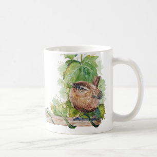 Aquarell-Zaunkönig-Vogel-Weinberg-Trauben-Blätter- Kaffeetasse