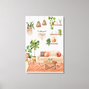 Aquarell-Zimmerpflanzen im Boho-Stil-Haus Leinwanddruck