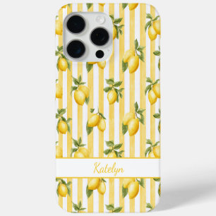 Aquarell-Zitronen auf gelben Streifen monogrammier Case-Mate iPhone Hülle