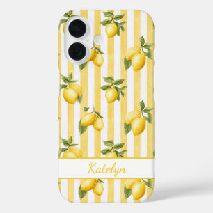 Aquarell-Zitronen auf gelben Streifen monogrammier iPhone 16 Hülle