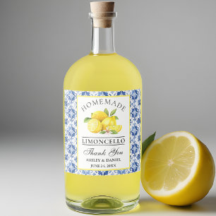 Aquarell-Zitronen Blaue Fliesen Limoncello Alkoholflaschenetikett