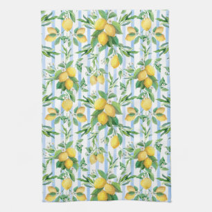 Aquarell-Zitronen-Blumen Blau Weiß Streifen Cottag Geschirrtuch