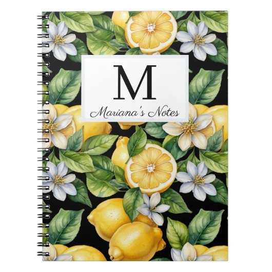Aquarell Zitronen & Blumen Monogramm personalisier Notizblock (Vorderseite)